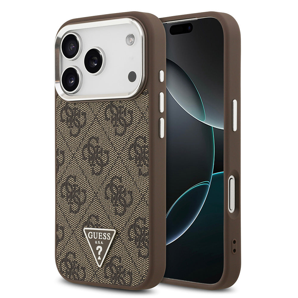 Apple iPhone 17 Pro Kılıf Guess Orjinal Lisanslı M-safe Şarj Özellikli Gümüş Metal Kamera Çerçeveli Üçgen Logo 4G Desenli Kapak - Görsel 2