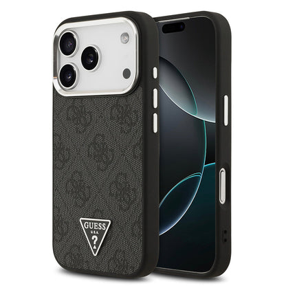 Apple iPhone 17 Pro Kılıf Guess Orjinal Lisanslı M-safe Şarj Özellikli Gümüş Metal Kamera Çerçeveli Üçgen Logo 4G Desenli Kapak - Görsel 3