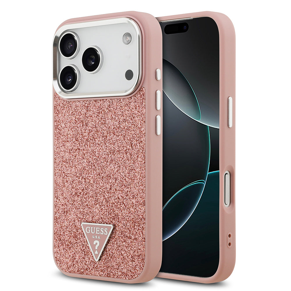 Apple iPhone 17 Pro Kılıf Guess Orjinal Lisanslı M-safe Şarj Özellikli Metal Kamera Çerçeveli Üçgen Logolu Glitter Kapak - Görsel 2