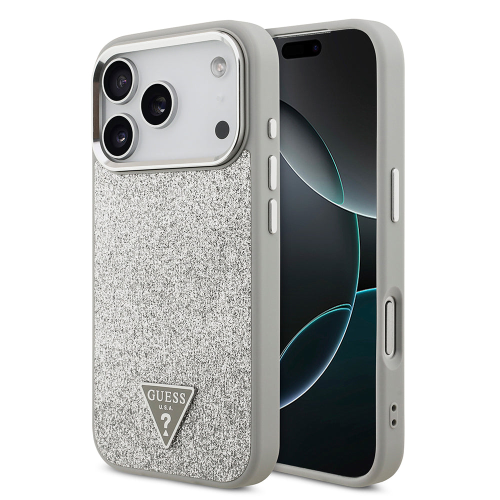 Apple iPhone 17 Pro Kılıf Guess Orjinal Lisanslı M-safe Şarj Özellikli Metal Kamera Çerçeveli Üçgen Logolu Glitter Kapak - Görsel 4