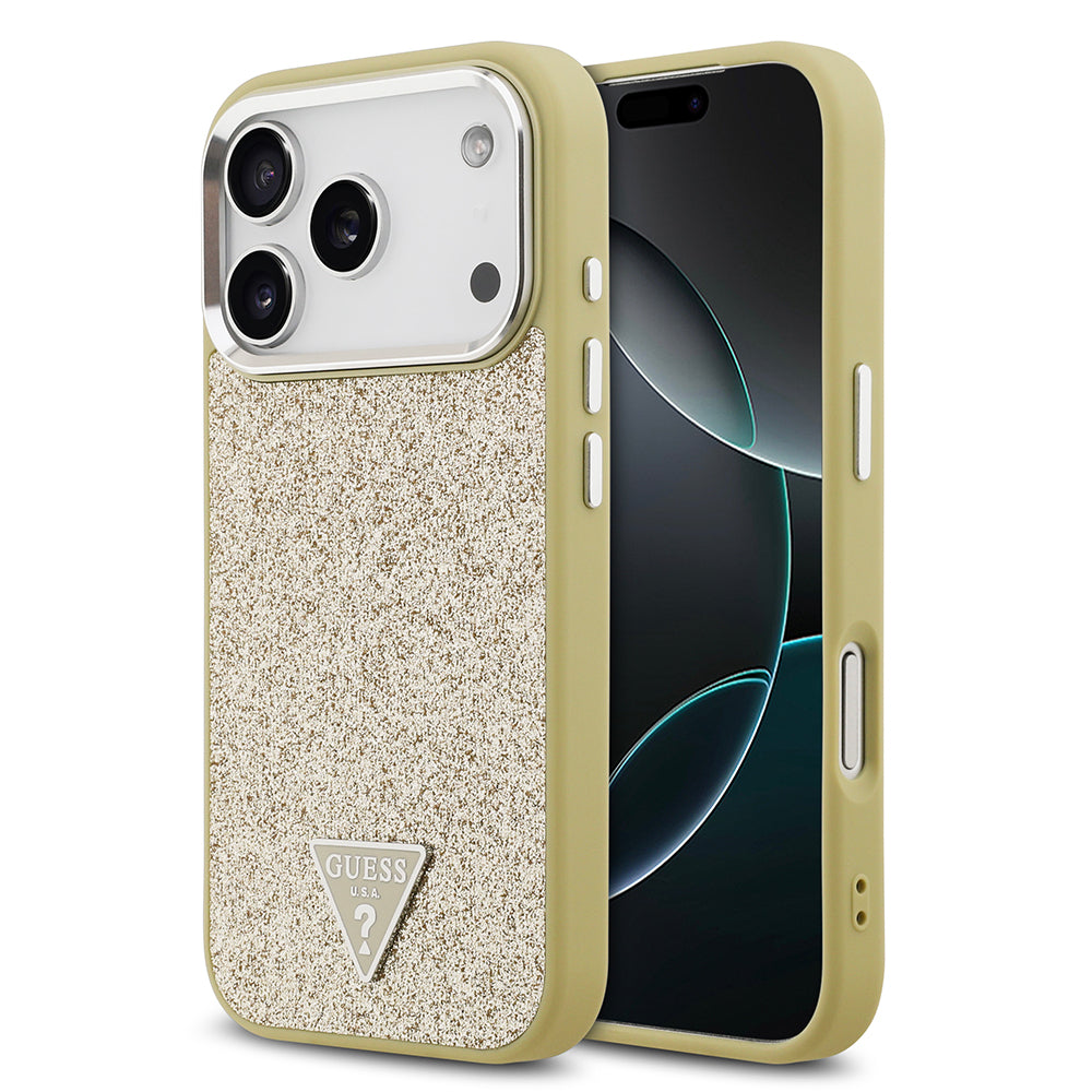 Apple iPhone 17 Pro Kılıf Guess Orjinal Lisanslı M-safe Şarj Özellikli Metal Kamera Çerçeveli Üçgen Logolu Glitter Kapak - Görsel 5