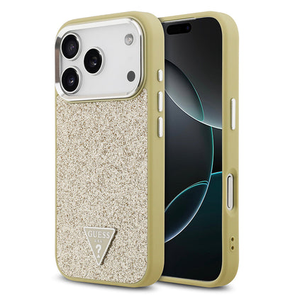 Apple iPhone 17 Pro Kılıf Guess Orjinal Lisanslı M-safe Şarj Özellikli Metal Kamera Çerçeveli Üçgen Logolu Glitter Kapak - Görsel 5