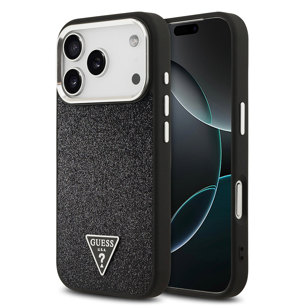 Apple iPhone 17 Pro Kılıf Guess Orjinal Lisanslı M-safe Şarj Özellikli Metal Kamera Çerçeveli Üçgen Logolu Glitter Kapak - Görsel 3
