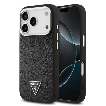Apple iPhone 17 Pro Kılıf Guess Orjinal Lisanslı M-safe Şarj Özellikli Metal Kamera Çerçeveli Üçgen Logolu Glitter Kapak - Görsel 3