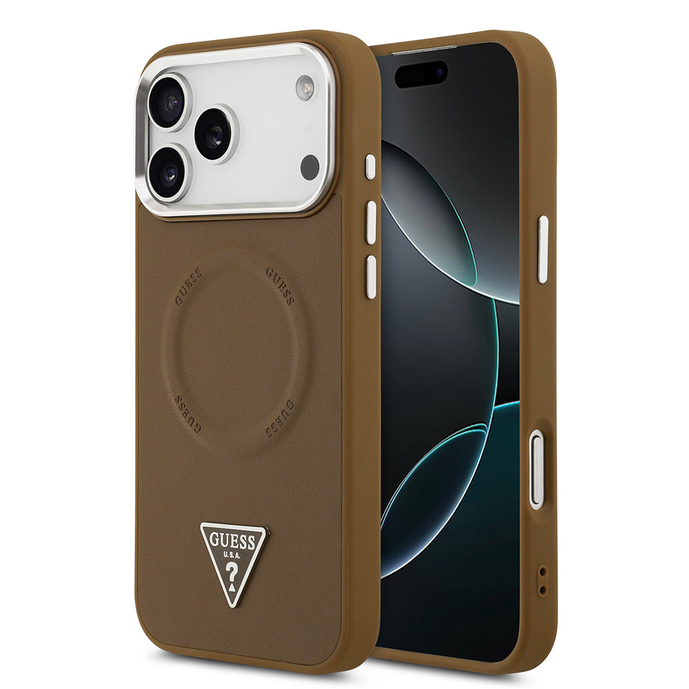 Apple iPhone 17 Pro Kılıf Guess Orjinal Lisanslı M-safe Şarj Özellikli PU Deri Metal Kamera Çerçeveli Üçgen Logolu Kapak - Görsel 3