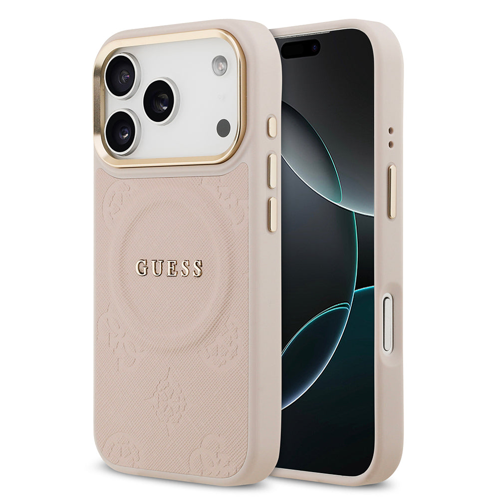 Apple iPhone 17 Pro Kılıf Guess Orjinal Lisanslı M-safe Şarj Özellikli Sıcak Baskılı Yazı Logolu PU Deri Peony Kapak - Görsel 4