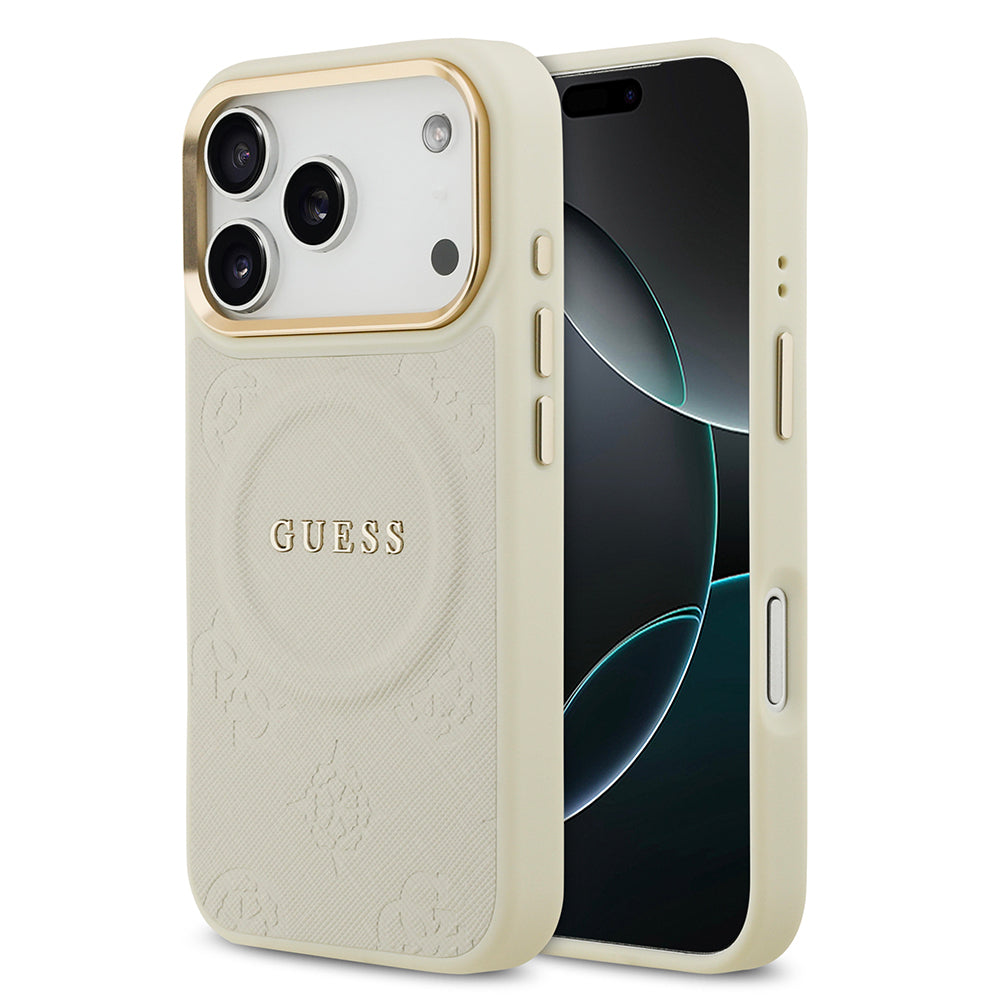 Apple iPhone 17 Pro Kılıf Guess Orjinal Lisanslı M-safe Şarj Özellikli Sıcak Baskılı Yazı Logolu PU Deri Peony Kapak - Görsel 3