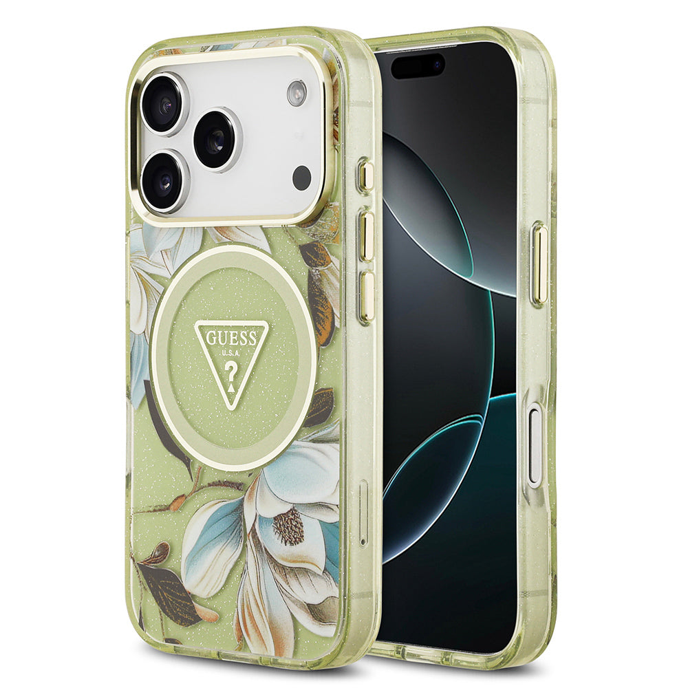 Apple iPhone 17 Pro Kılıf Guess Orjinal Lisanslı M-safe Şarj Özellikli Simli Çiçek Desenli Metal Kamera Çerçeveli Üçgen Logolu Kapak - Görsel 3