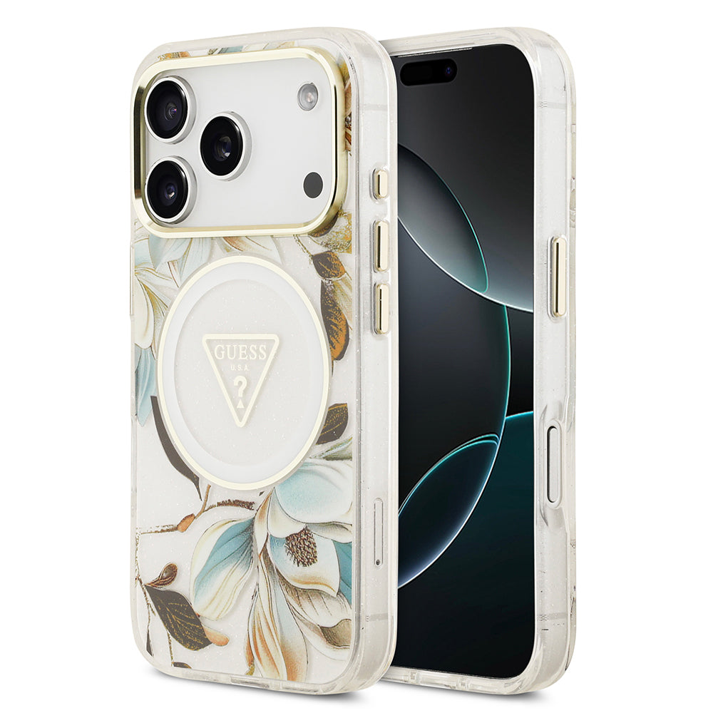 Apple iPhone 17 Pro Kılıf Guess Orjinal Lisanslı M-safe Şarj Özellikli Simli Çiçek Desenli Metal Kamera Çerçeveli Üçgen Logolu Kapak - Görsel 2