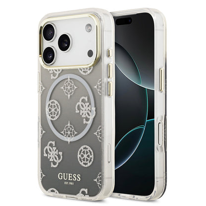 Apple iPhone 17 Pro Kılıf Guess Orjinal Lisanslı M-safe Şarj Özellikli Simli Peony Desenli Silikon Kapak