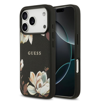 Apple iPhone 17 Pro Kılıf Guess Orjinal Lisanslı M-safe Şarj Özellikli Taneli Çiçek Tasarımlı Metal Yazı Logolu Kapak - Görsel 2
