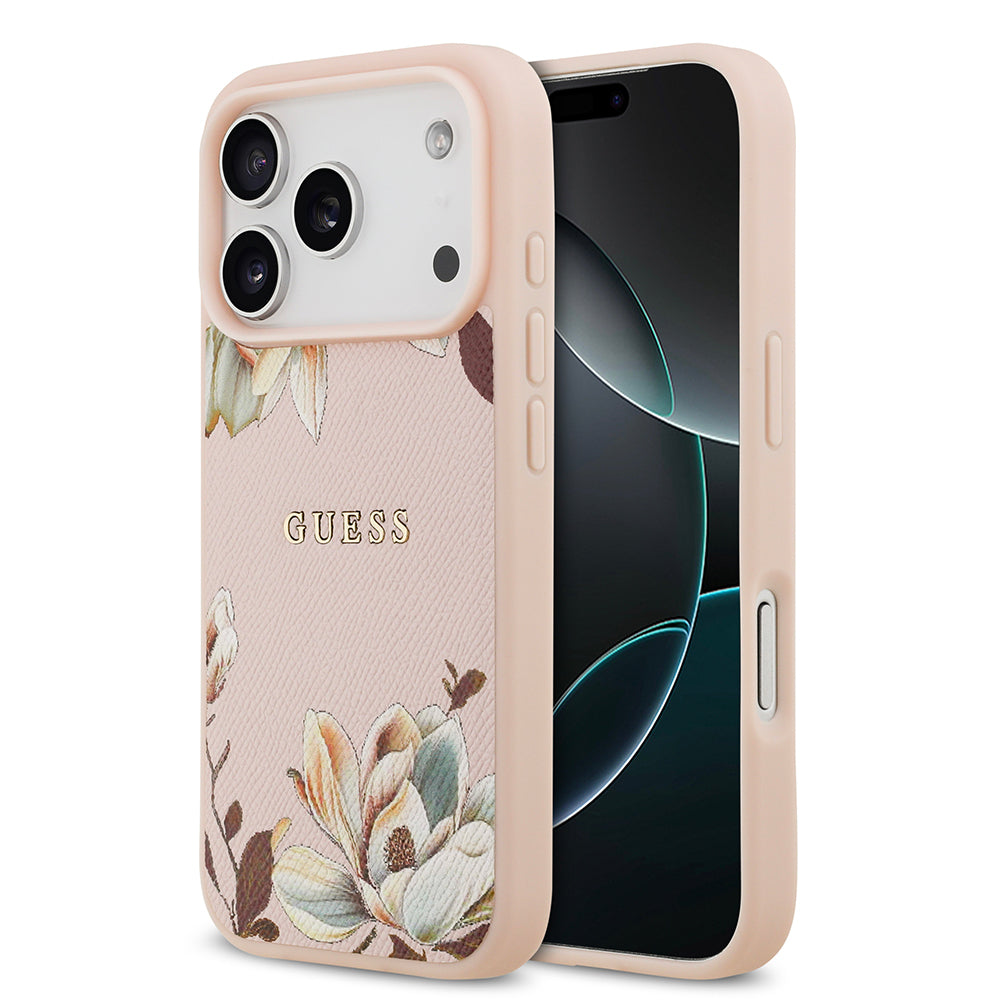 Apple iPhone 17 Pro Kılıf Guess Orjinal Lisanslı M-safe Şarj Özellikli Taneli Çiçek Tasarımlı Metal Yazı Logolu Kapak - Görsel 3