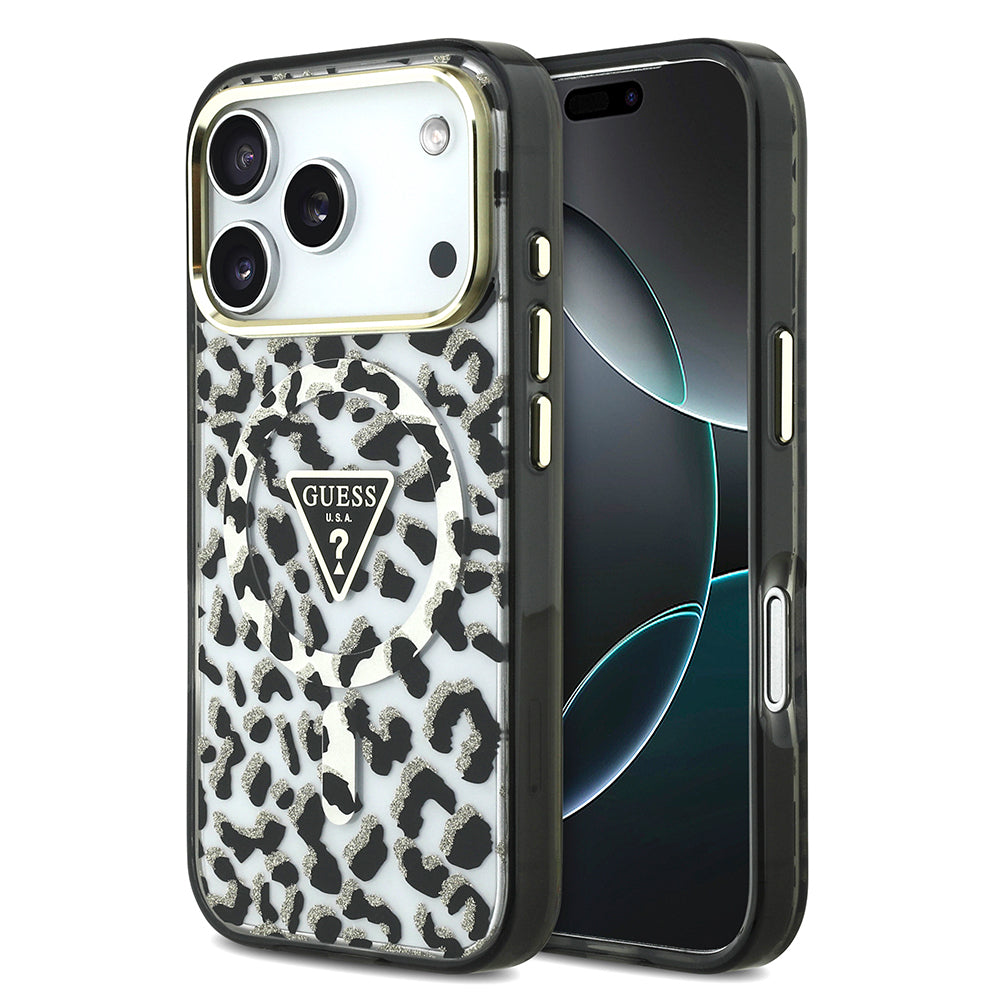 Apple iPhone 17 Pro Kılıf Guess Orjinal Lisanslı M-safe Şarj Özellikli Üçgen Logolu Simli Leopar Desenli Kapak - Görsel 3