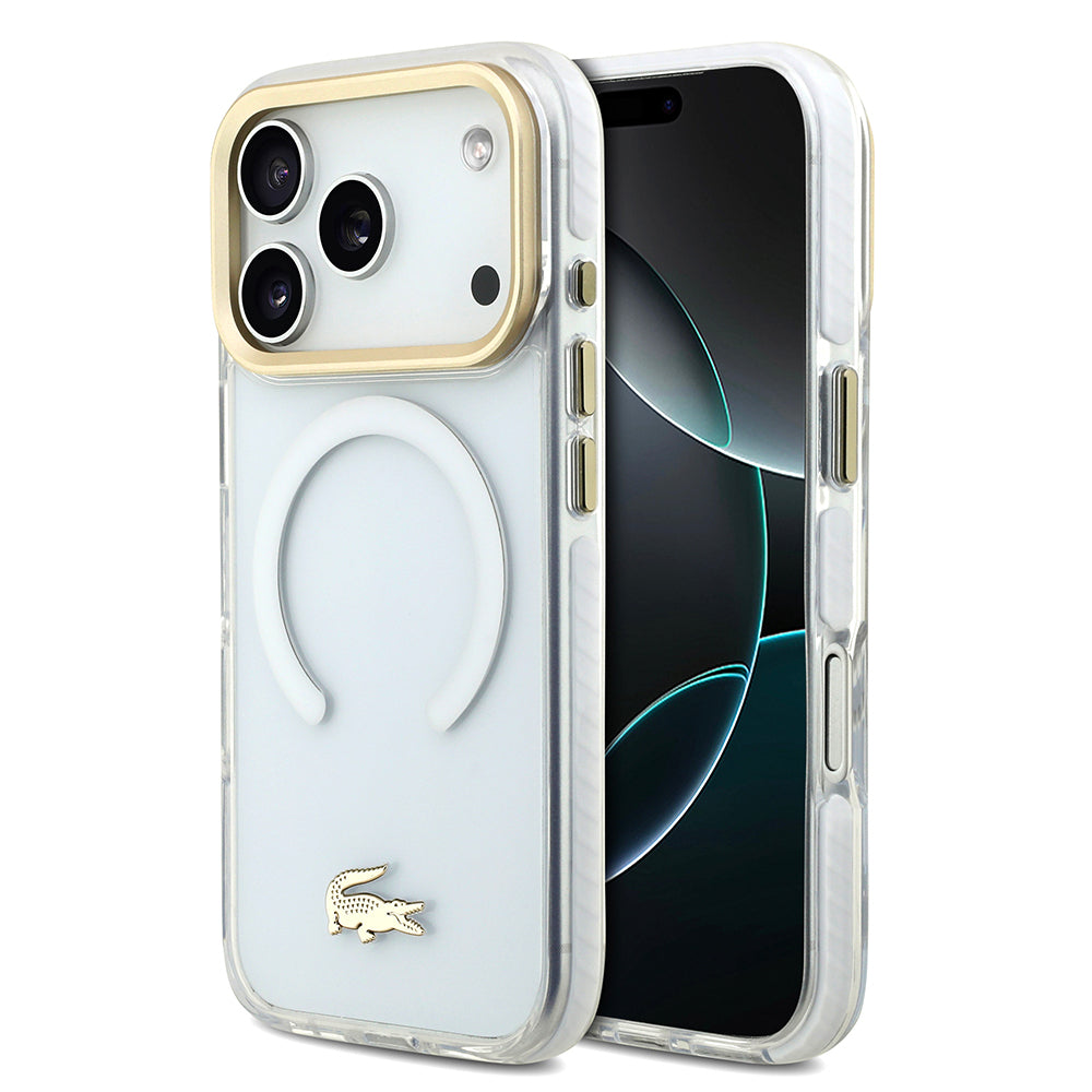 Apple iPhone 17 Pro Kılıf Lacoste Orjinal Lisanslı M-safe Şarj Özellikli Gold Timsah Logolu Buzlu Kapak - Görsel 4