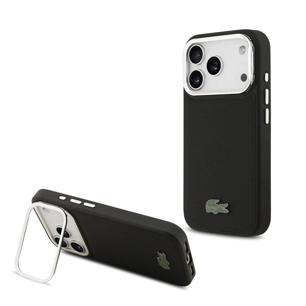 Apple iPhone 17 Pro Kılıf Lacoste Orjinal Lisanslı M-safe Şarj Özellikli PU Pike Desenli Standlı Metal Logolu Kapak - Görsel 2