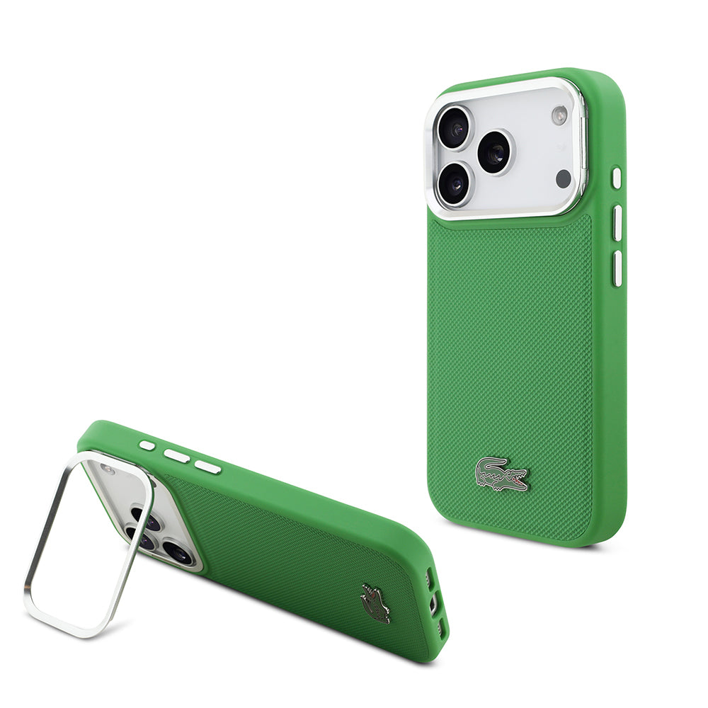 Apple iPhone 17 Pro Kılıf Lacoste Orjinal Lisanslı M-safe Şarj Özellikli PU Pike Desenli Standlı Metal Logolu Kapak - Görsel 3