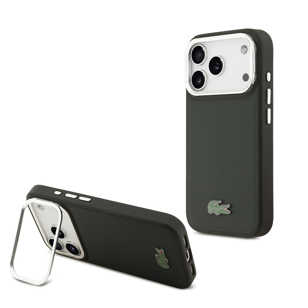 Apple iPhone 17 Pro Kılıf Lacoste Orjinal Lisanslı M-safe Şarj Özellikli PU Pike Desenli Standlı Metal Logolu Kapak - Görsel 4