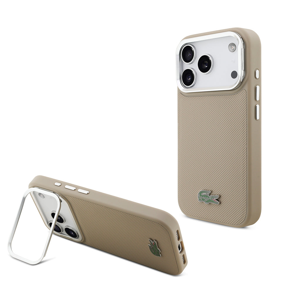 Apple iPhone 17 Pro Kılıf Lacoste Orjinal Lisanslı M-safe Şarj Özellikli PU Pike Desenli Standlı Metal Logolu Kapak - Görsel 5