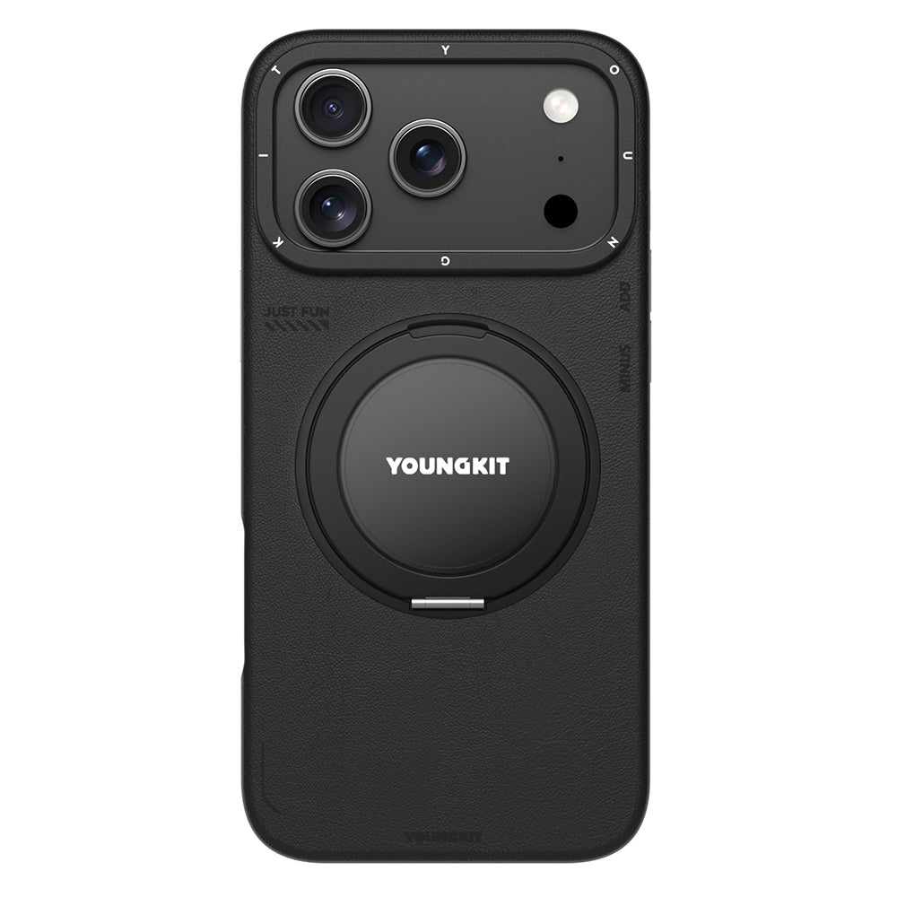 Apple iPhone 17 Pro Kılıf M-safe Şarj Özellikli 360 Derece Standlı Basit Mat Deri Desenli Youngkit Tech Leather Serisi Kapak - Görsel 3