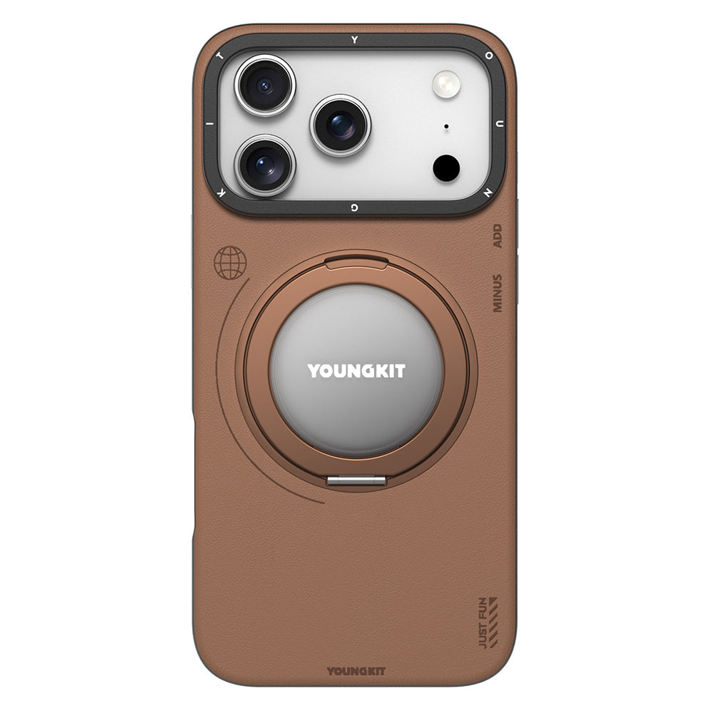 Apple iPhone 17 Pro Kılıf M-safe Şarj Özellikli 360 Derece Standlı Basit Mat Deri Desenli Youngkit Tech Leather Serisi Kapak - Görsel 2