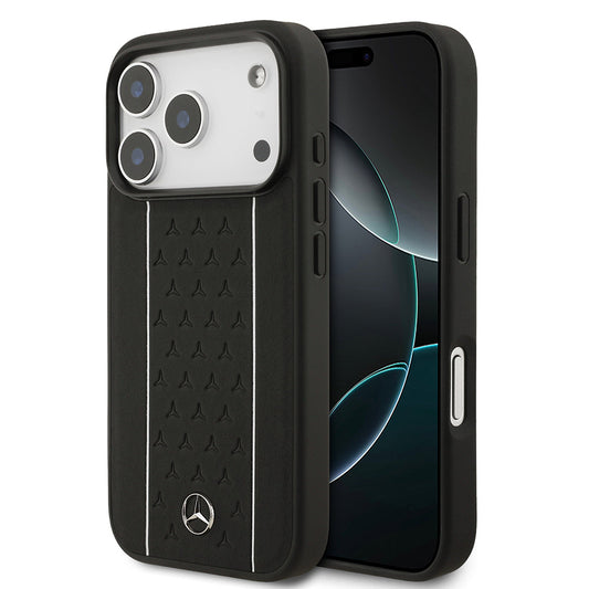 Apple iPhone 17 Pro Kılıf Mercedes Benz Orjinal Lisanslı M-safe Şarj Özellikli Şeritli Yıldız Desenli Metal Logolu Deri Kapak