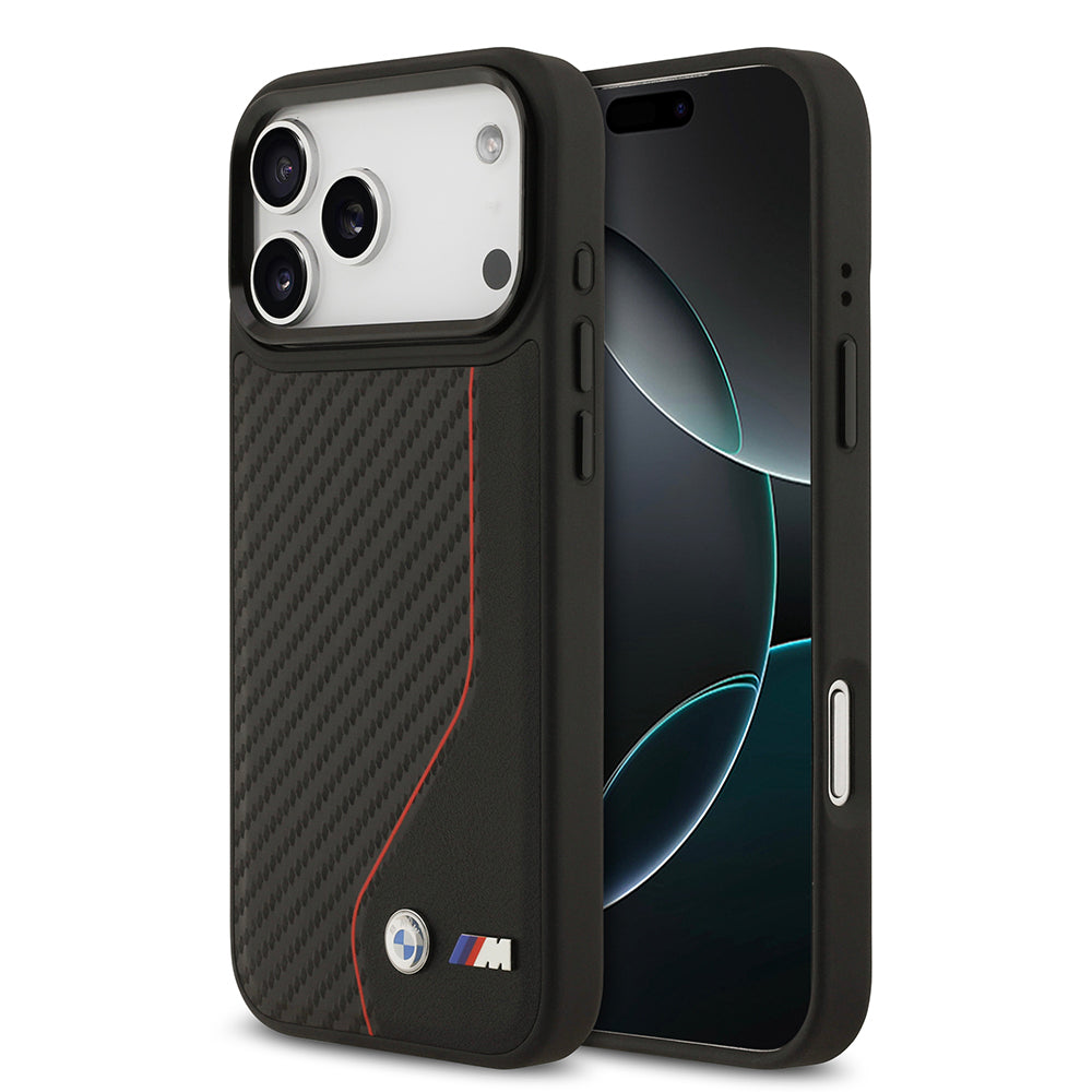 Apple iPhone 17 Pro Max Kılıf BMW Orjinal Lisanslı M-safe Şarj Özellikli Metal BMW ve M Logolu PU Karbon Tasarımlı Kapak - Görsel 3