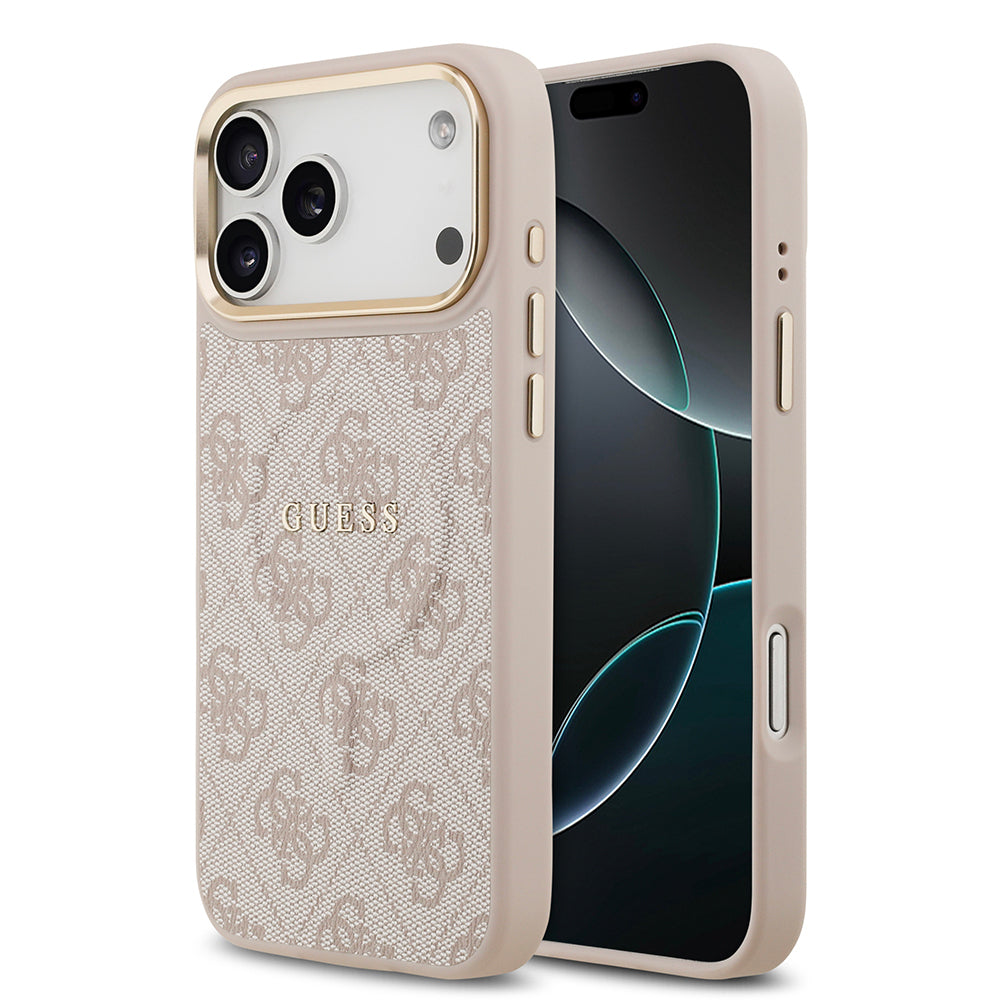 Apple iPhone 17 Pro Max Kılıf Guess Orjinal Lisanslı M-safe Şarj Özellikli Gold Metal Kamera Çerçeveli PU Deri 4G Desenli Yazı Logolu Kapak - Görsel 4