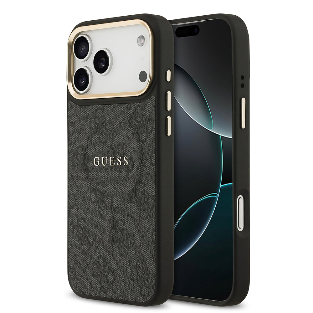 Apple iPhone 17 Pro Max Kılıf Guess Orjinal Lisanslı M-safe Şarj Özellikli Gold Metal Kamera Çerçeveli PU Deri 4G Desenli Yazı Logolu Kapak - Görsel 2