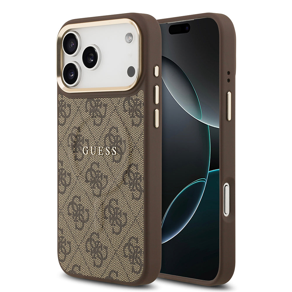Apple iPhone 17 Pro Max Kılıf Guess Orjinal Lisanslı M-safe Şarj Özellikli Gold Metal Kamera Çerçeveli PU Deri 4G Desenli Yazı Logolu Kapak - Görsel 3
