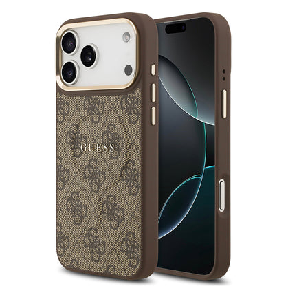 Apple iPhone 17 Pro Max Kılıf Guess Orjinal Lisanslı M-safe Şarj Özellikli Gold Metal Kamera Çerçeveli PU Deri 4G Desenli Yazı Logolu Kapak - Görsel 3