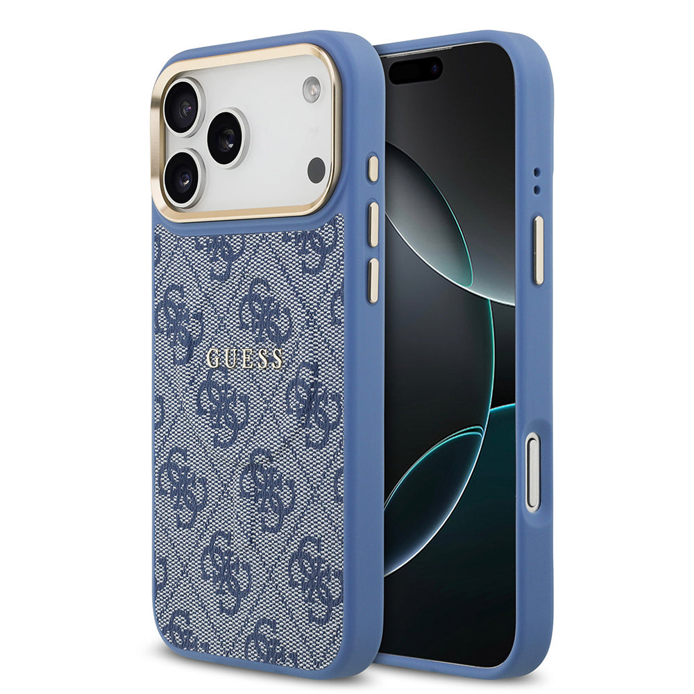 Apple iPhone 17 Pro Max Kılıf Guess Orjinal Lisanslı M-safe Şarj Özellikli Gold Metal Kamera Çerçeveli PU Deri 4G Desenli Yazı Logolu Kapak - Görsel 5