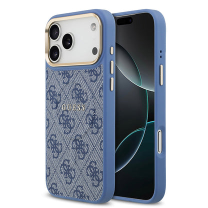 Apple iPhone 17 Pro Max Kılıf Guess Orjinal Lisanslı M-safe Şarj Özellikli Gold Metal Kamera Çerçeveli PU Deri 4G Desenli Yazı Logolu Kapak - Görsel 5