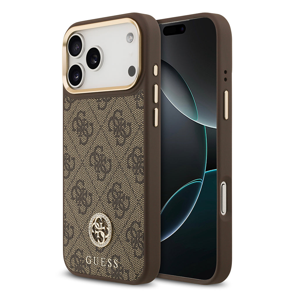 Apple iPhone 17 Pro Max Kılıf Guess Orjinal Lisanslı M-safe Şarj Özellikli Gold Metal Kamera Çerçeveli Taşlı 4G Logolu Kapak - Görsel 3