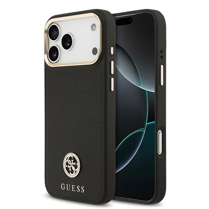 Apple iPhone 17 Pro Max Kılıf Guess Orjinal Lisanslı M-safe Şarj Özellikli Grained Yazı ve Taşlı 4G Logolu Kapak