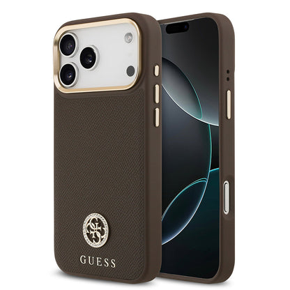 Apple iPhone 17 Pro Max Kılıf Guess Orjinal Lisanslı M-safe Şarj Özellikli Grained Yazı ve Taşlı 4G Logolu Kapak - Görsel 2
