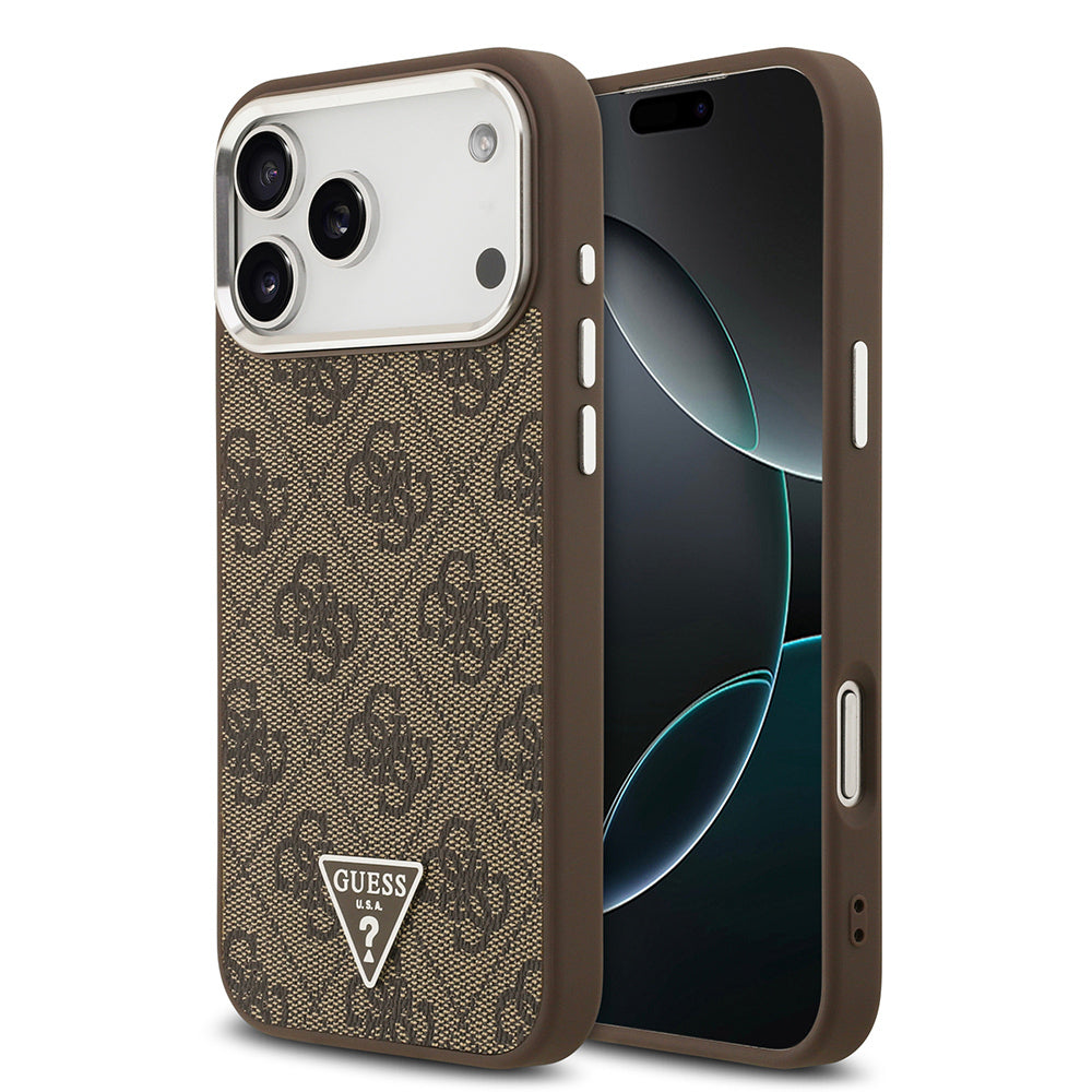 Apple iPhone 17 Pro Max Kılıf Guess Orjinal Lisanslı M-safe Şarj Özellikli Gümüş Metal Kamera Çerçeveli Üçgen Logo 4G Desenli Kapak - Görsel 3