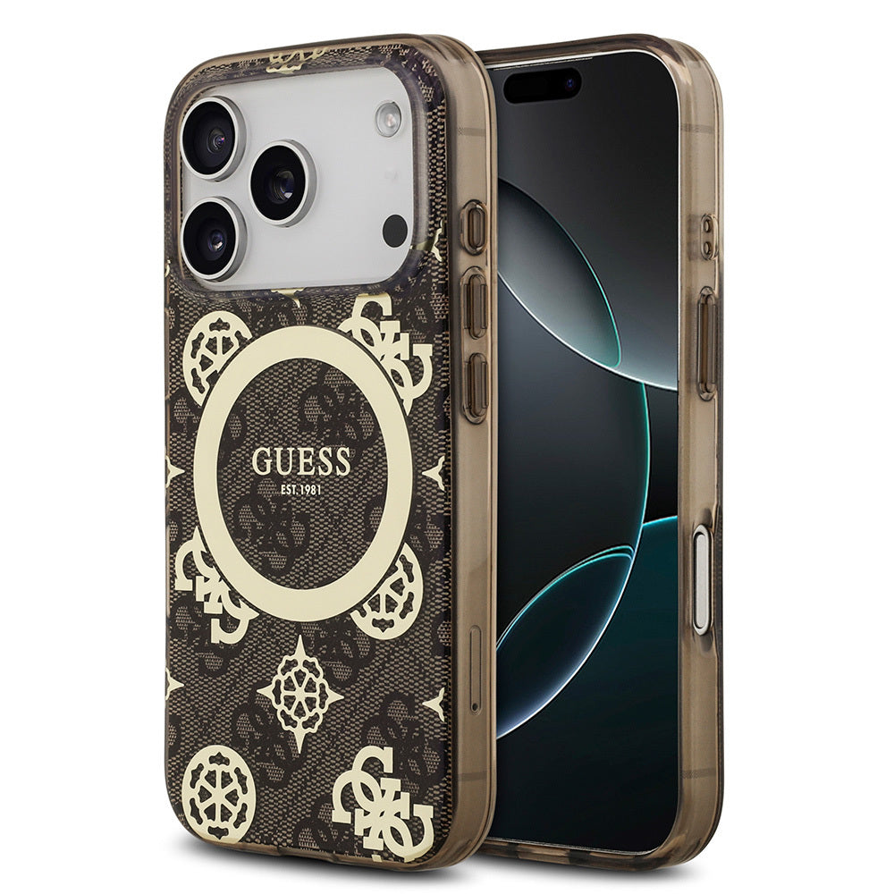 Apple iPhone 17 Pro Max Kılıf Guess Orjinal Lisanslı M-safe Şarj Özellikli IML Peony ve 4G Desenli Klasik Logolu Kapak - Görsel 2
