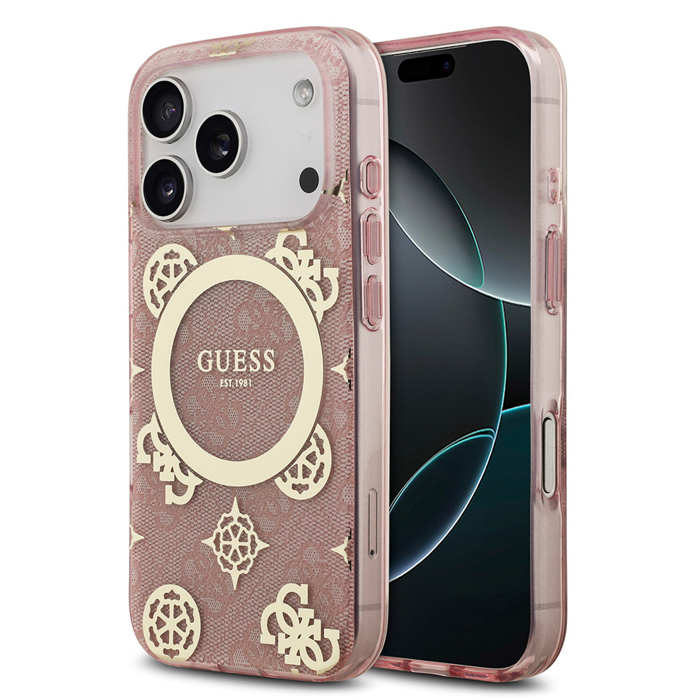 Apple iPhone 17 Pro Max Kılıf Guess Orjinal Lisanslı M-safe Şarj Özellikli IML Peony ve 4G Desenli Klasik Logolu Kapak - Görsel 3