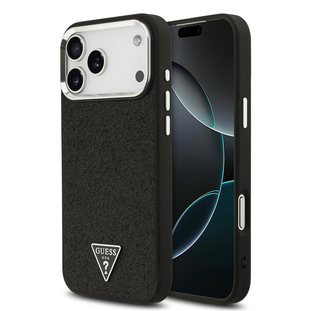 Apple iPhone 17 Pro Max Kılıf Guess Orjinal Lisanslı M-safe Şarj Özellikli Metal Kamera Çerçeveli Üçgen Logolu Glitter Kapak - Görsel 3