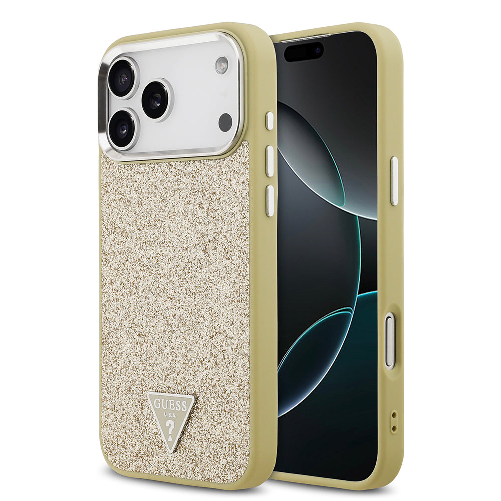 Apple iPhone 17 Pro Max Kılıf Guess Orjinal Lisanslı M-safe Şarj Özellikli Metal Kamera Çerçeveli Üçgen Logolu Glitter Kapak - Görsel 5
