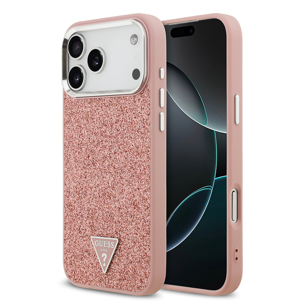Apple iPhone 17 Pro Max Kılıf Guess Orjinal Lisanslı M-safe Şarj Özellikli Metal Kamera Çerçeveli Üçgen Logolu Glitter Kapak - Görsel 2