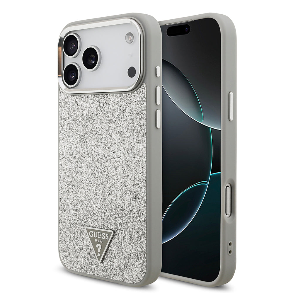 Apple iPhone 17 Pro Max Kılıf Guess Orjinal Lisanslı M-safe Şarj Özellikli Metal Kamera Çerçeveli Üçgen Logolu Glitter Kapak - Görsel 4