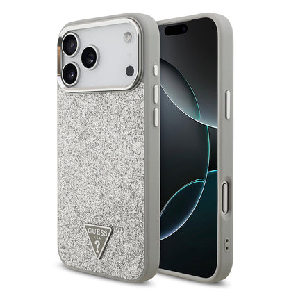 Apple iPhone 17 Pro Max Kılıf Guess Orjinal Lisanslı M-safe Şarj Özellikli Metal Kamera Çerçeveli Üçgen Logolu Glitter Kapak - Görsel 4
