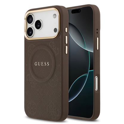 Apple iPhone 17 Pro Max Kılıf Guess Orjinal Lisanslı M-safe Şarj Özellikli Sıcak Baskılı Yazı Logolu PU Deri Peony Kapak - Görsel 4