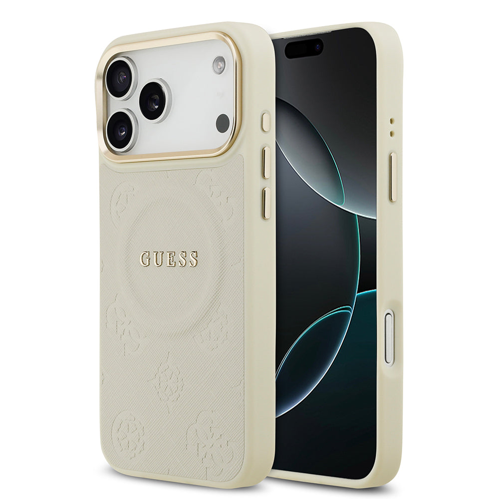 Apple iPhone 17 Pro Max Kılıf Guess Orjinal Lisanslı M-safe Şarj Özellikli Sıcak Baskılı Yazı Logolu PU Deri Peony Kapak - Görsel 5