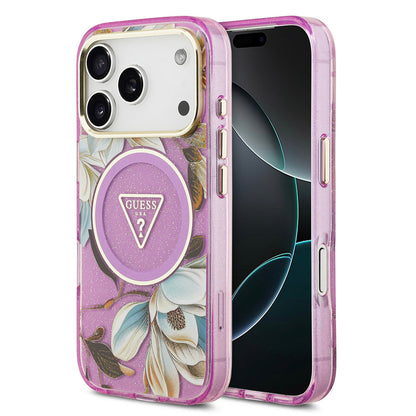 Apple iPhone 17 Pro Max Kılıf Guess Orjinal Lisanslı M-safe Şarj Özellikli Simli Çiçek Desenli Metal Kamera Çerçeveli Üçgen Logolu Kapak - Görsel 4