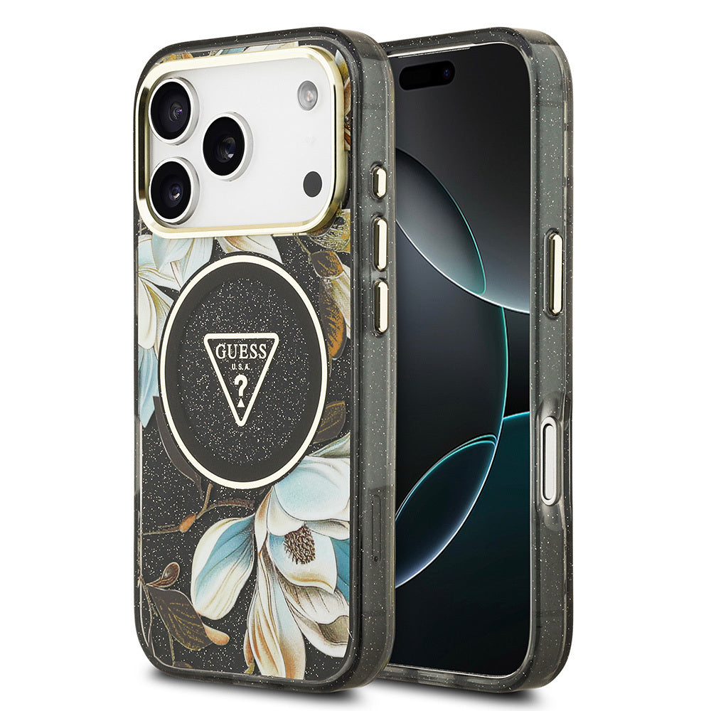 Apple iPhone 17 Pro Max Kılıf Guess Orjinal Lisanslı M-safe Şarj Özellikli Simli Çiçek Desenli Metal Kamera Çerçeveli Üçgen Logolu Kapak - Görsel 3