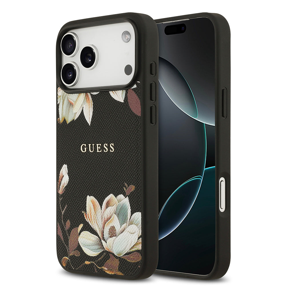 Apple iPhone 17 Pro Max Kılıf Guess Orjinal Lisanslı M-safe Şarj Özellikli Taneli Çiçek Tasarımlı Metal Yazı Logolu Kapak - Görsel 2