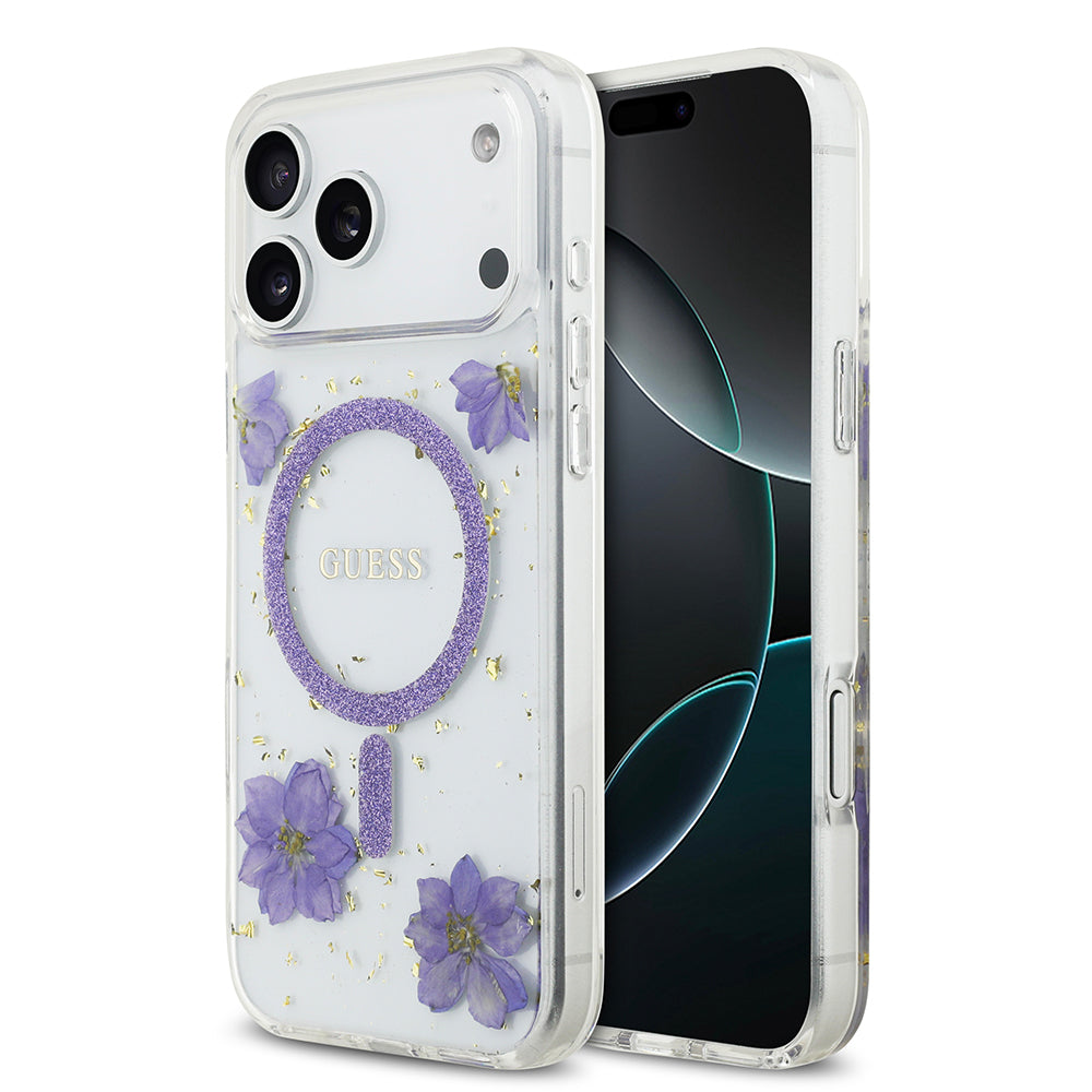 Apple iPhone 17 Pro Max Kılıf Guess Orjinal Lisanslı M-safe Şarj Özellikli Transparan Resin Flowers Kapak - Görsel 3