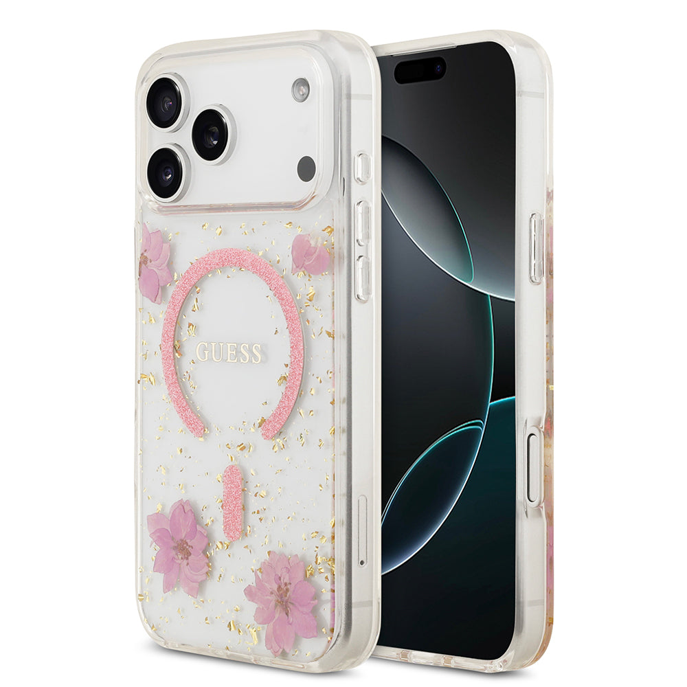 Apple iPhone 17 Pro Max Kılıf Guess Orjinal Lisanslı M-safe Şarj Özellikli Transparan Resin Flowers Kapak - Görsel 2